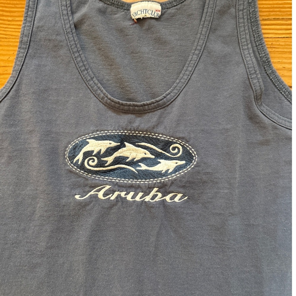 Yacht Club Tank Top Women Blue Aruba Dolphin Embroidered Souvenir SIZE Medium - Picture 2 of 6
